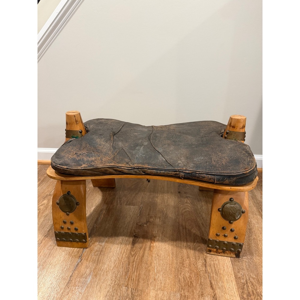Vintage Egyptian Camel Saddle Stool Wood Brass Medallion Leather
